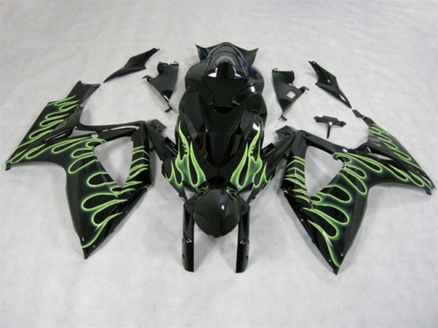 2006-2007 Black Green Flame Suzuki GSXR600 Motorcycle Fairings